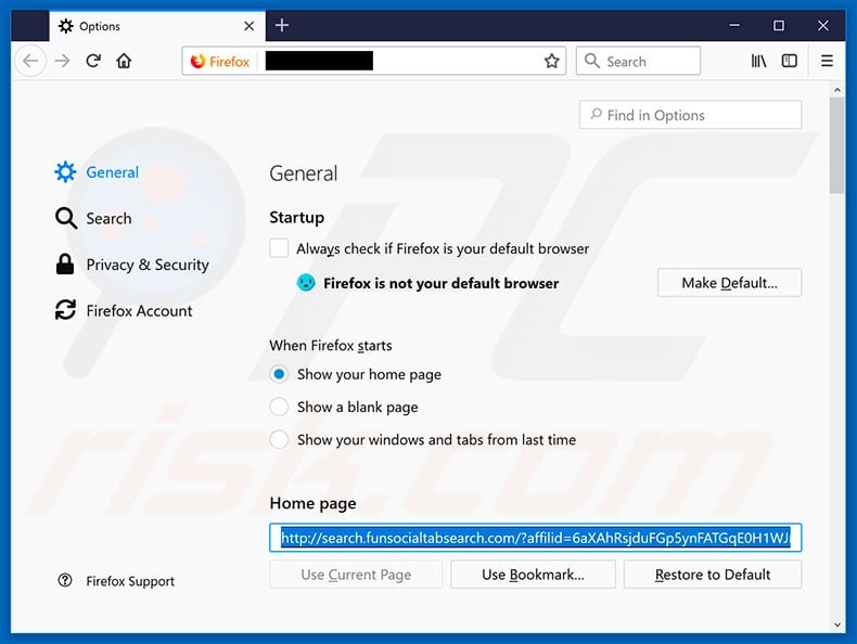 Removing search.funsocialtabsearch.com from Mozilla Firefox homepage