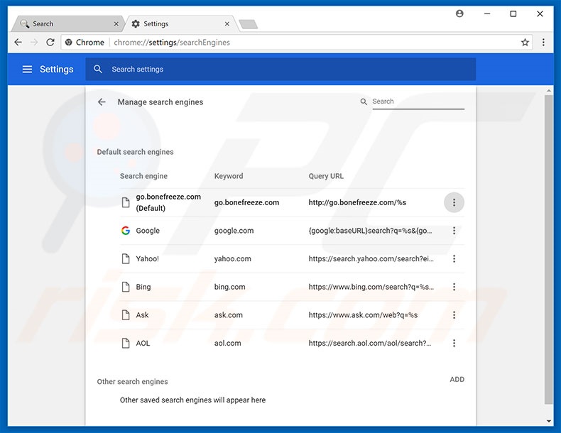 Removing go.bonefreeze.com from Google Chrome default search engine