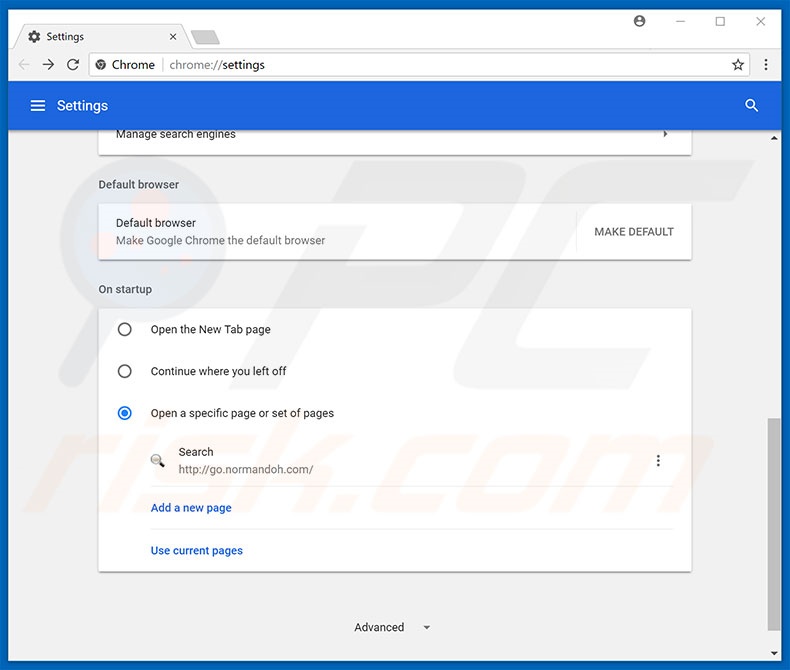 Removing go.normandoh.com from Google Chrome homepage