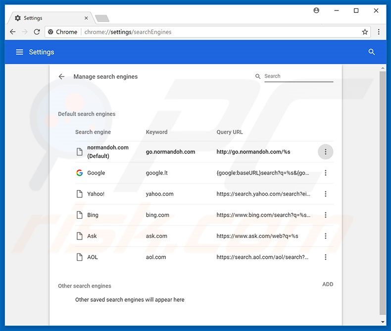 Removing go.normandoh.com from Google Chrome default search engine