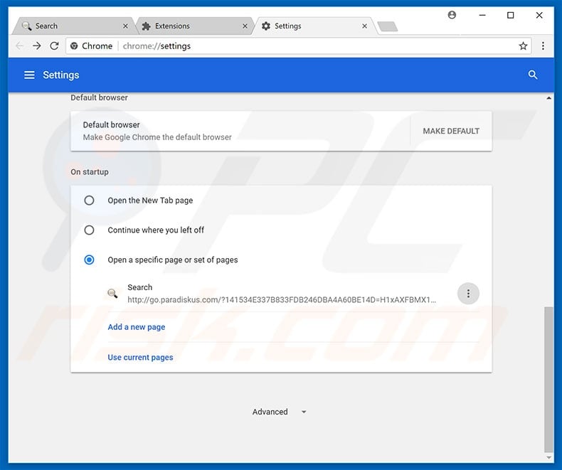 Removing go.paradiskus.com from Google Chrome homepage