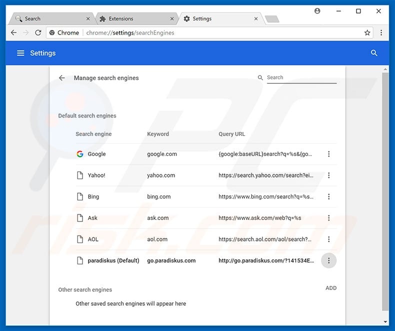 Removing go.paradiskus.com from Google Chrome default search engine