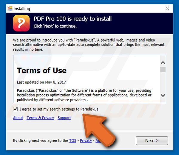 Official PDF Pro 100 browser hijacker installation setup