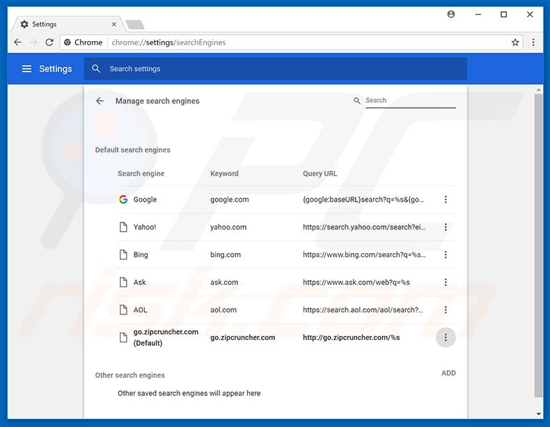 Removing go.zipcruncher.com from Google Chrome default search engine