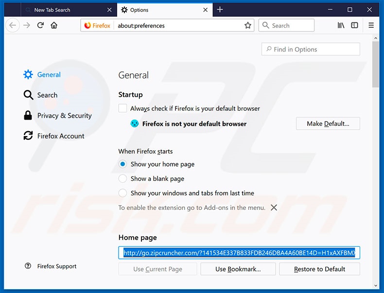 Removing go.zipcruncher.com from Mozilla Firefox homepage