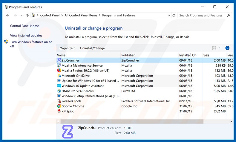 go.zipcruncher.com browser hijacker uninstall via Control Panel