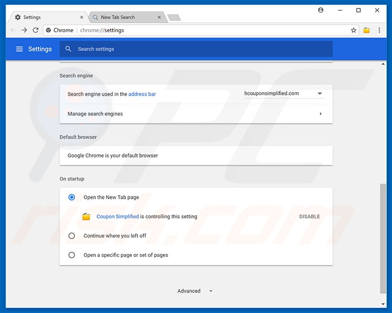 Removing search.hcouponsimplified.com from Google Chrome homepage