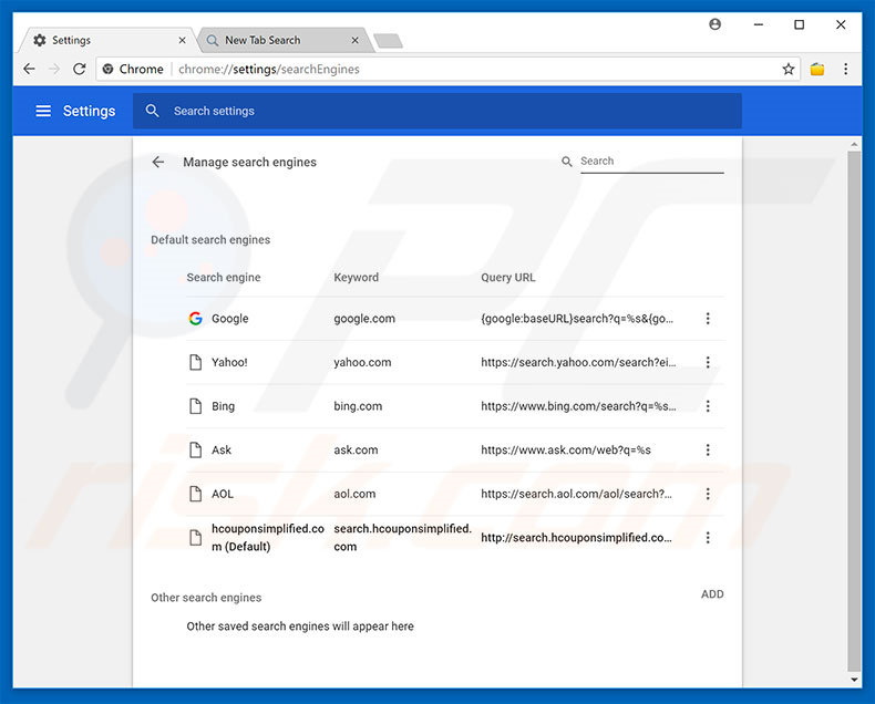 Removing search.hcouponsimplified.com from Google Chrome default search engine