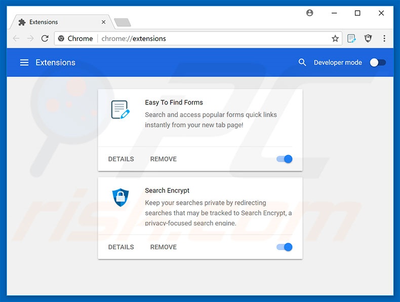 Removing search.heasytofindforms.com related Google Chrome extensions