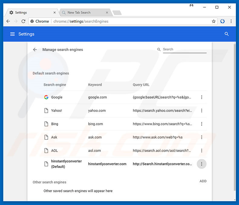 Removing search.hinstantlyconverter.com from Google Chrome default search engine