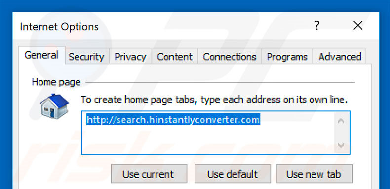 Removing search.hinstantlyconverter.com from Internet Explorer homepage