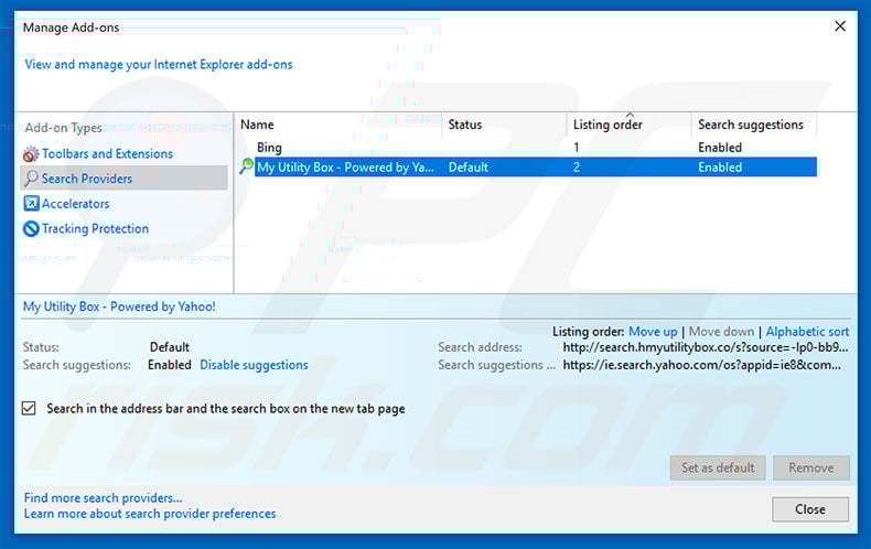 Removing search.hmyutilitybox.co from Internet Explorer default search engine