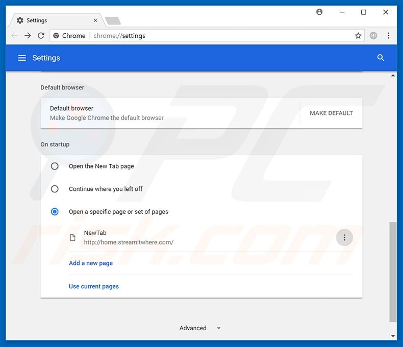 Removing home.streamitwhere.com from Google Chrome homepage