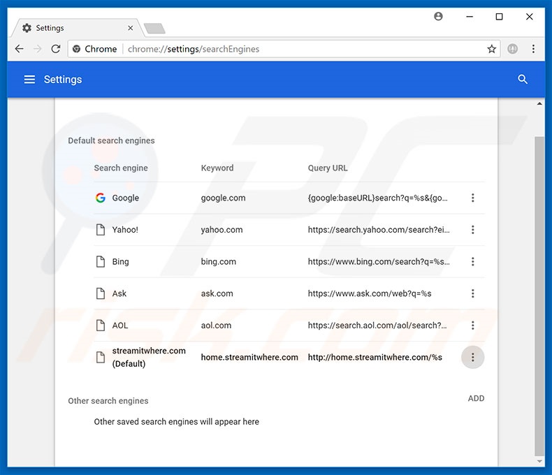 Removing home.streamitwhere.com from Google Chrome default search engine