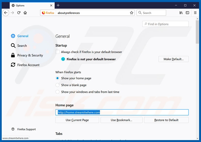 Removing home.streamitwhere.com from Mozilla Firefox homepage