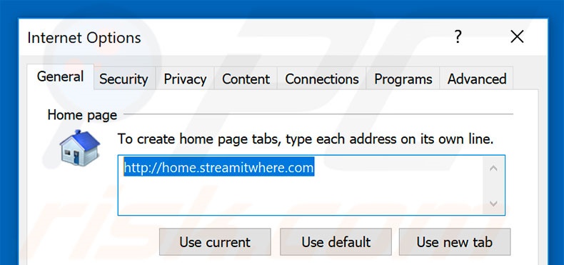 Removing home.streamitwhere.com from Internet Explorer homepage