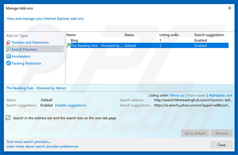 Removing search.hthereadinghub.com from Internet Explorer default search engine