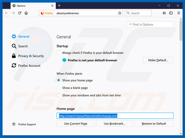 Removing search.hyourfreeonlineformspop.com from Mozilla Firefox homepage