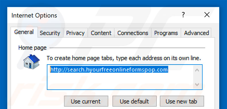 Removing search.hyourfreeonlineformspop.com from Internet Explorer homepage