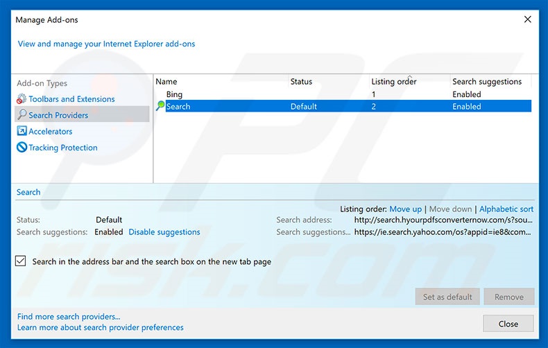 Removing search.hyourpdfsconverternow.com from Internet Explorer default search engine