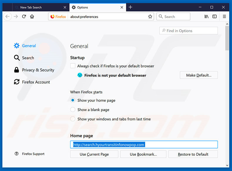 Removing search.hyourtransitinfonowpop.com from Mozilla Firefox homepage