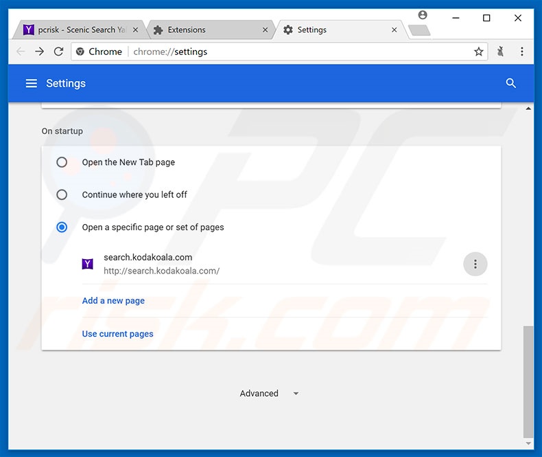 Removing search.kodakoala.com from Google Chrome homepage