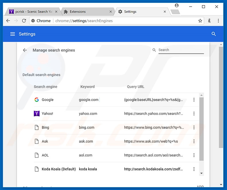 Removing search.kodakoala.com from Google Chrome default search engine