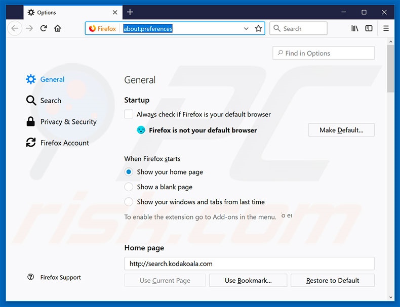 Removing search.kodakoala.com from Mozilla Firefox homepage
