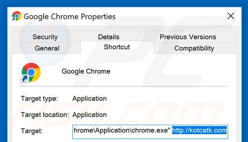 Removing kotcatk.com from Google Chrome shortcut target step 2