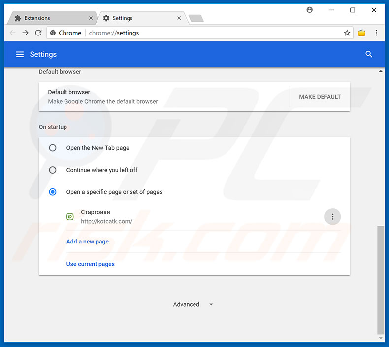 Removing kotcatk.com from Google Chrome homepage
