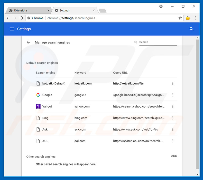 Removing kotcatk.com from Google Chrome default search engine