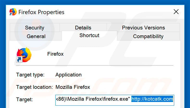 Removing kotcatk.com from Mozilla Firefox shortcut target step 2