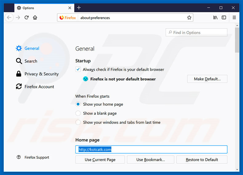 Removing kotcatk.com from Mozilla Firefox homepage