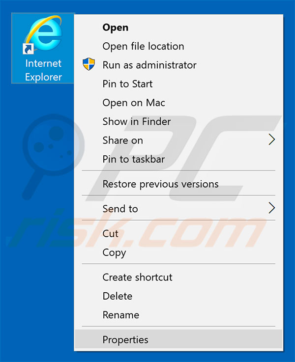 Removing kotcatk.com from Internet Explorer shortcut target step 1