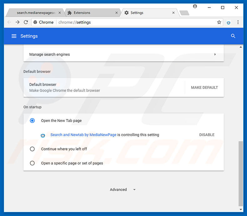 Removing search.medianewpagesearch.com from Google Chrome homepage