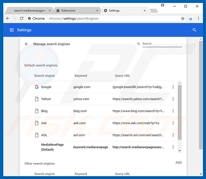 Removing search.medianewpagesearch.com from Google Chrome default search engine