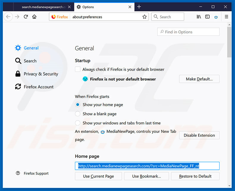 Removing search.medianewpagesearch.com from Mozilla Firefox homepage