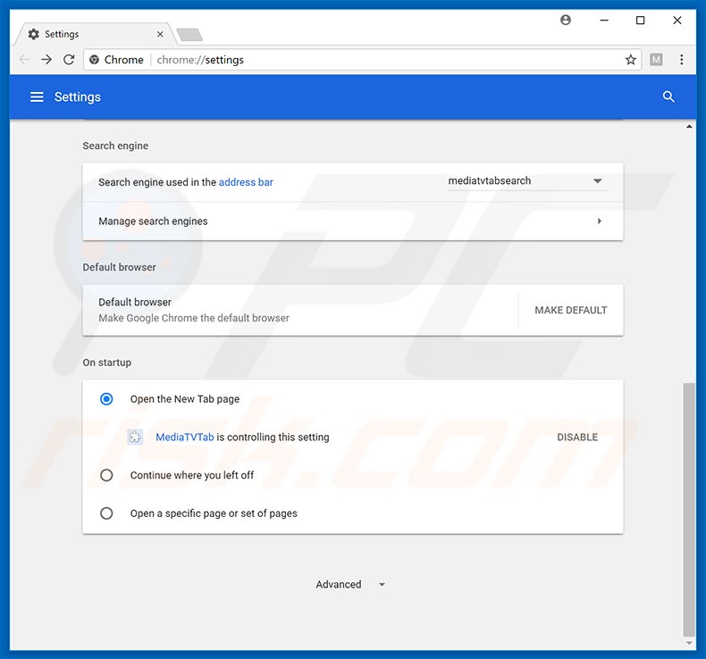 Removing search.mediatvtabsearch.com from Google Chrome homepage