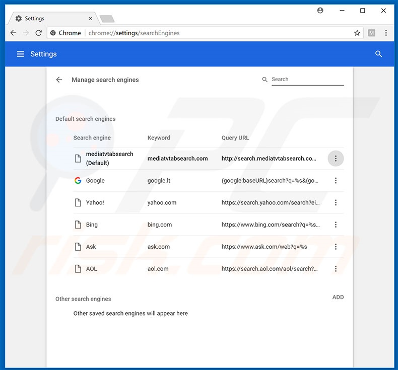 Removing search.mediatvtabsearch.com from Google Chrome default search engine