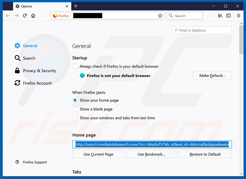 Removing search.mediatvtabsearch.com from Mozilla Firefox homepage