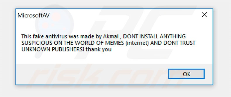 Popup displayed after entering the code in Microsoft Antivirus scam