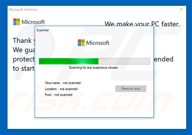 Microsoft Antivirus scam performing fake scan