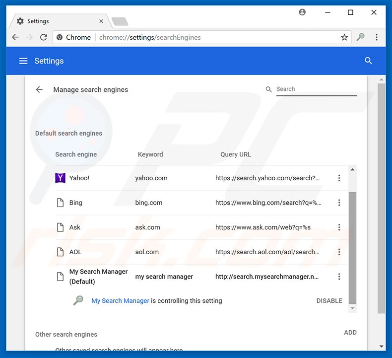 Removing search.mysearchmanager.net from Google Chrome default search engine