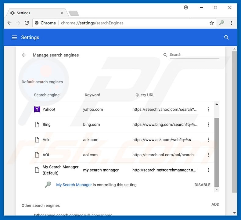 Removing search.mysearchmanager.net from Google Chrome default search engine