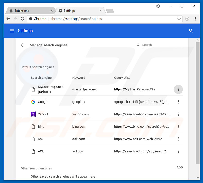 Removing mystartpage.net from Google Chrome default search engine