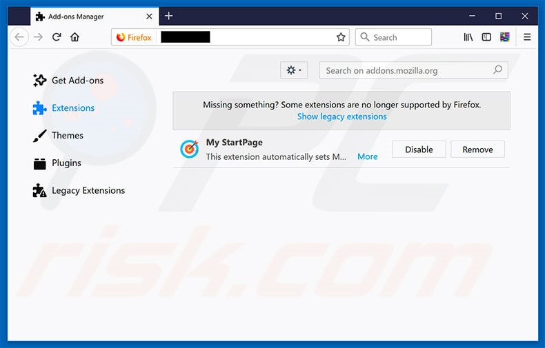 Removing mystartpage.net related Mozilla Firefox extensions