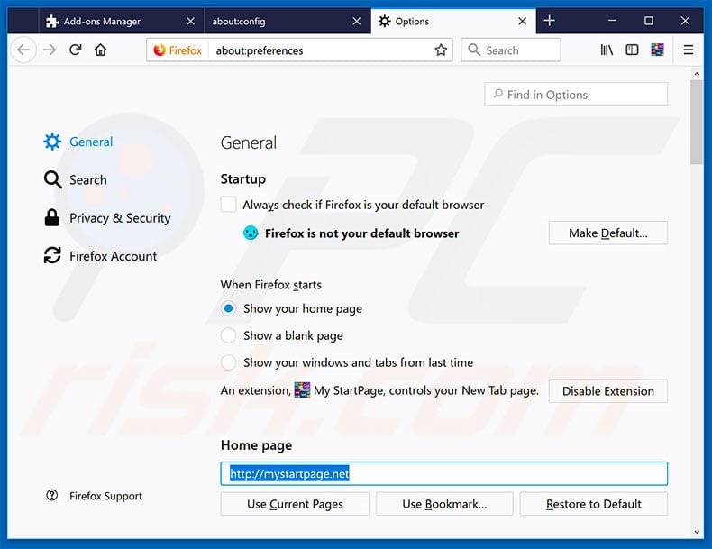 Removing mystartpage.net from Mozilla Firefox homepage