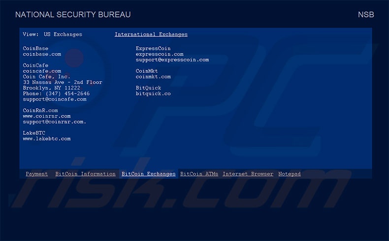 NATIONAL SECURITY BUREAU Bitcoin Exchanges tab
