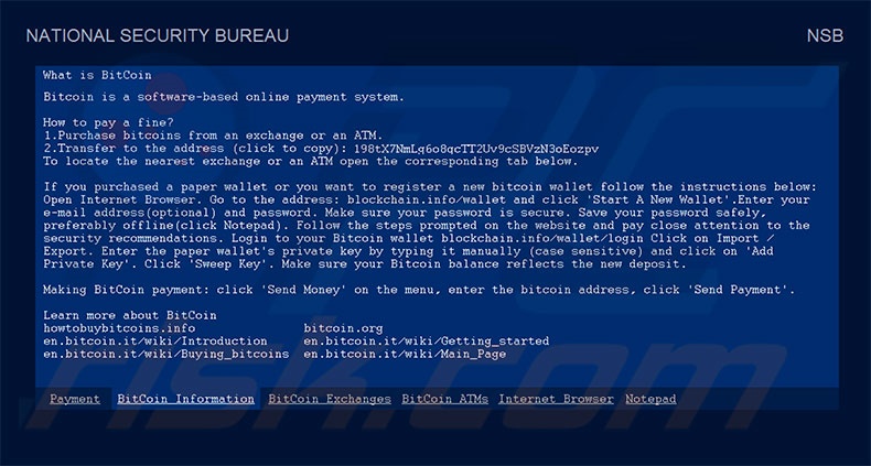 NATIONAL SECURITY BUREAU Bitcoin Information tab