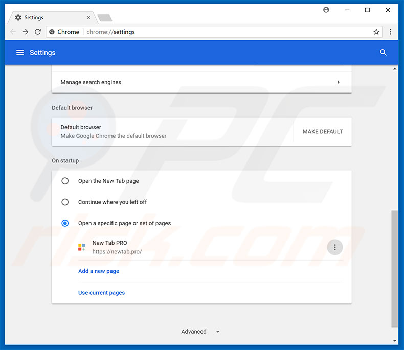 Removing newtab.pro from Google Chrome homepage